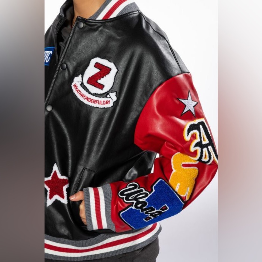 BASE PATCHWORK FAUX LEATHER LETTERMAN VARSITY BOMBER